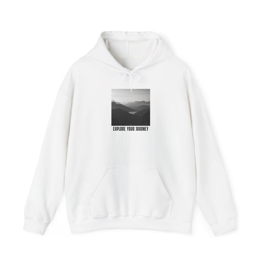 Explore Your Journey Hoodie — Minimal Mountain Photo Graphic Sweatshirt