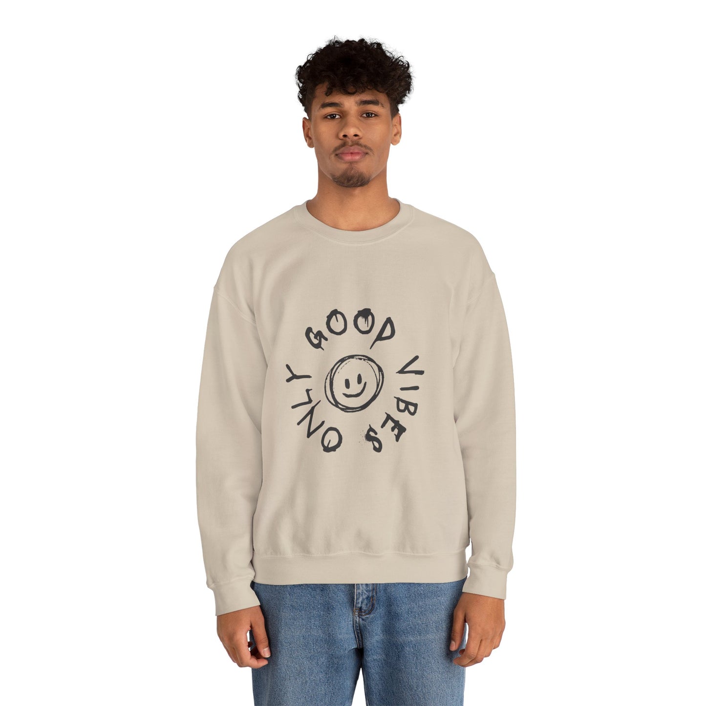 Crewneck Sweatshirt — 'Good Vibes Only' Smiley Graphic