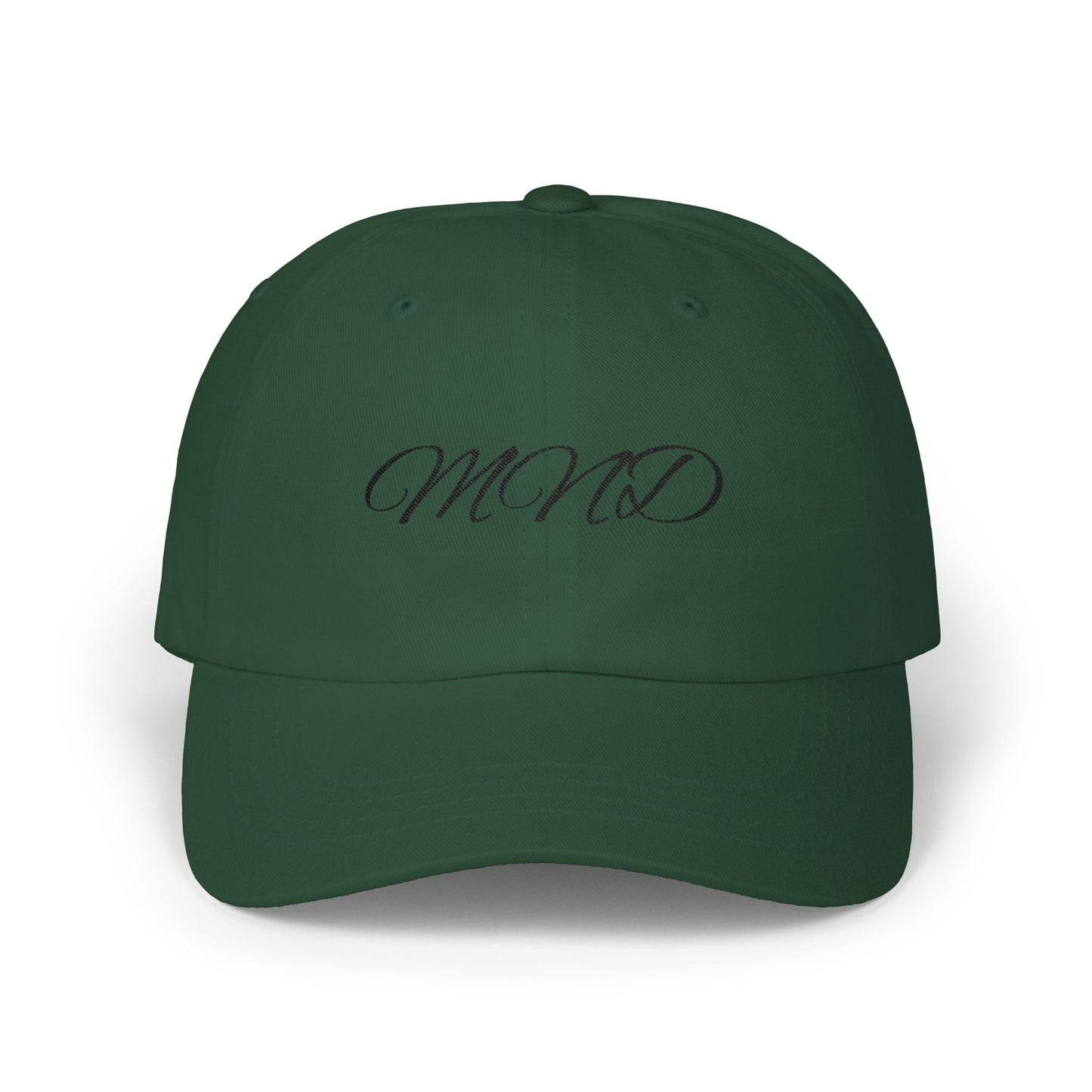 Embroidered 'MND' Classic Dad Cap — White Script Logo Baseball Hat