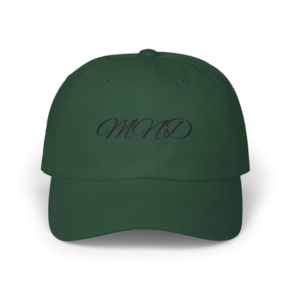 Embroidered 'MND' Classic Dad Cap — White Script Logo Baseball Hat
