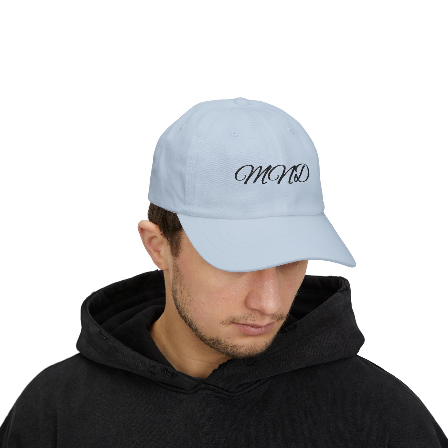 Embroidered 'MND' Classic Dad Cap — White Script Logo Baseball Hat