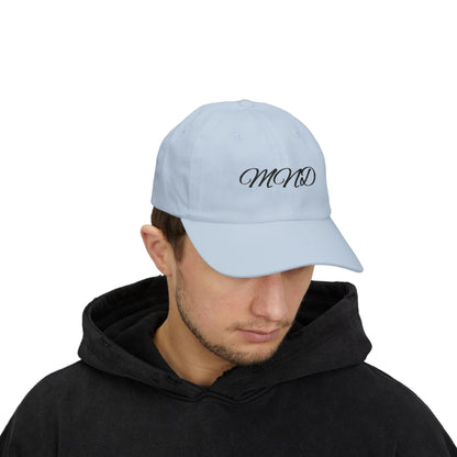 Embroidered 'MND' Classic Dad Cap — White Script Logo Baseball Hat