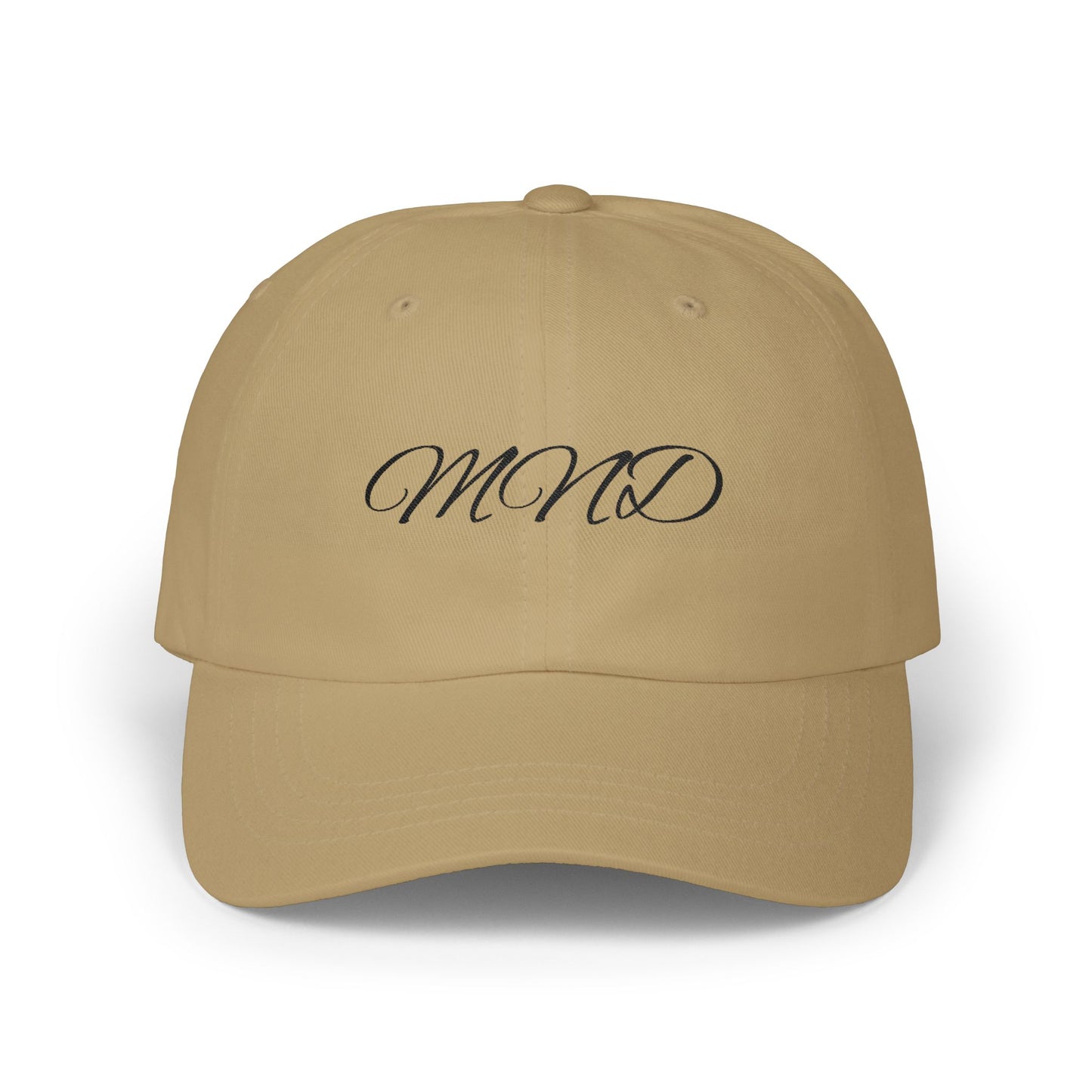 Embroidered 'MND' Classic Dad Cap — White Script Logo Baseball Hat