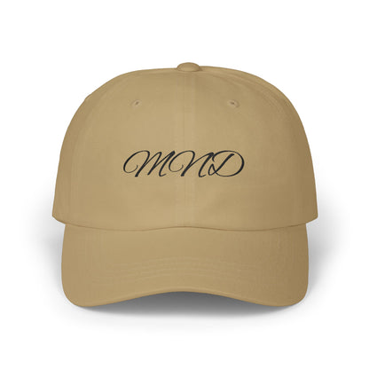 Embroidered 'MND' Classic Dad Cap — White Script Logo Baseball Hat