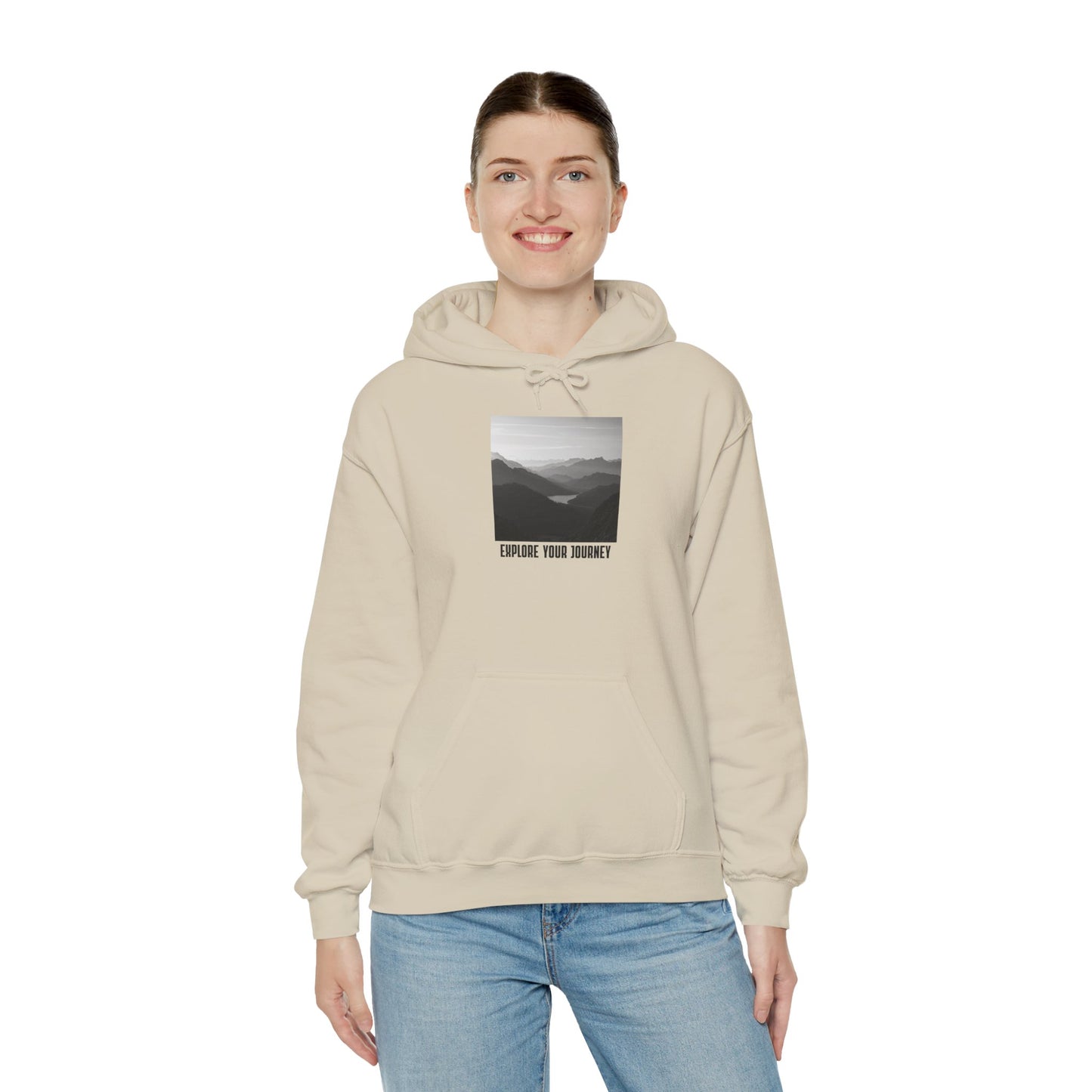 Explore Your Journey Hoodie — Minimal Mountain Photo Graphic Sweatshirt