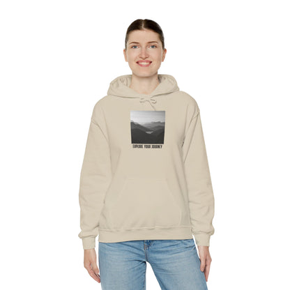 Explore Your Journey Hoodie — Minimal Mountain Photo Graphic Sweatshirt