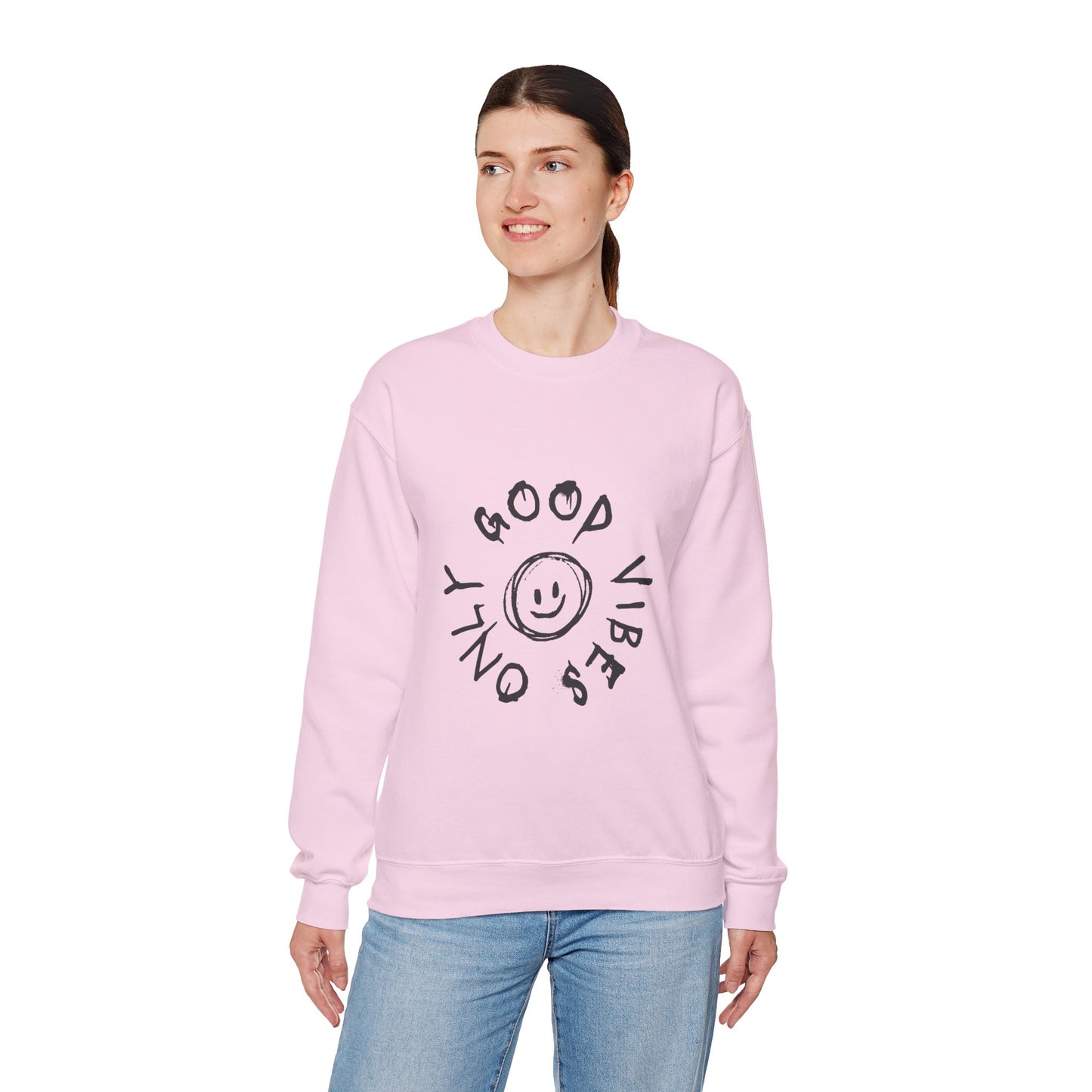 Crewneck Sweatshirt — 'Good Vibes Only' Smiley Graphic