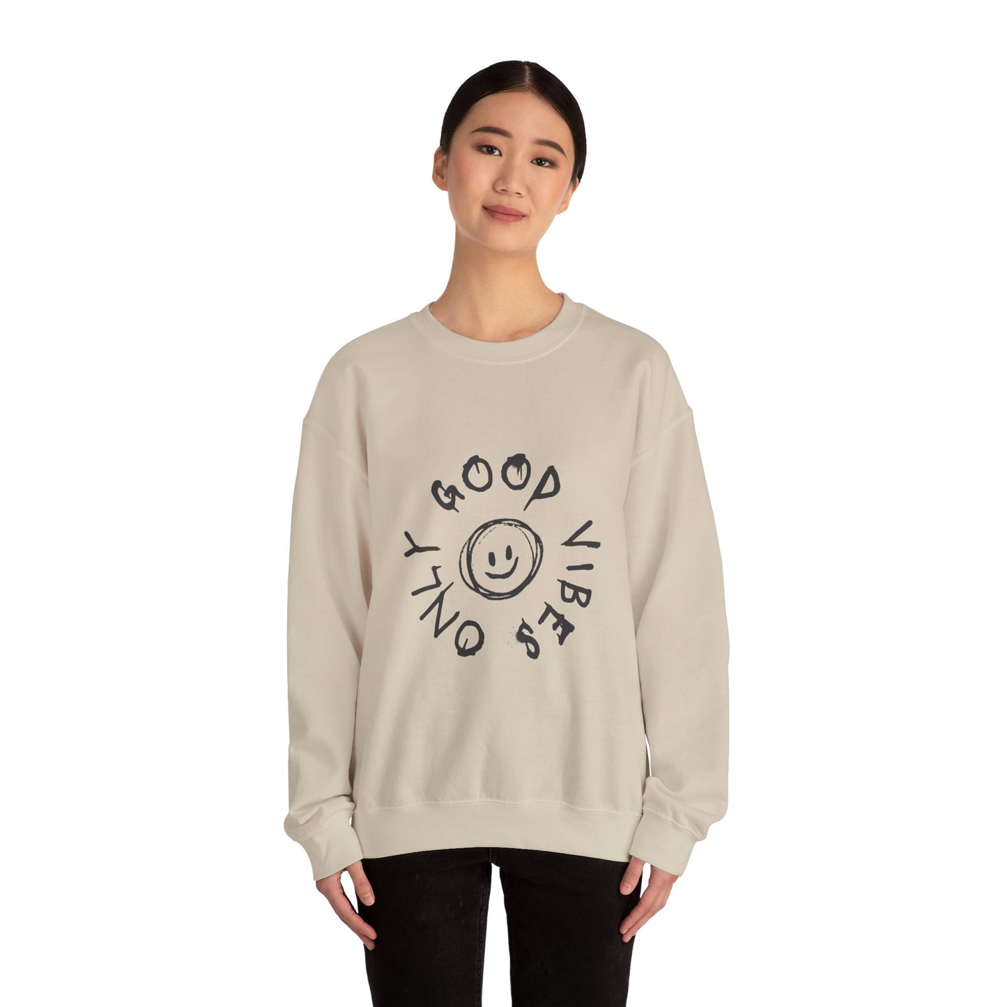 Crewneck Sweatshirt — 'Good Vibes Only' Smiley Graphic