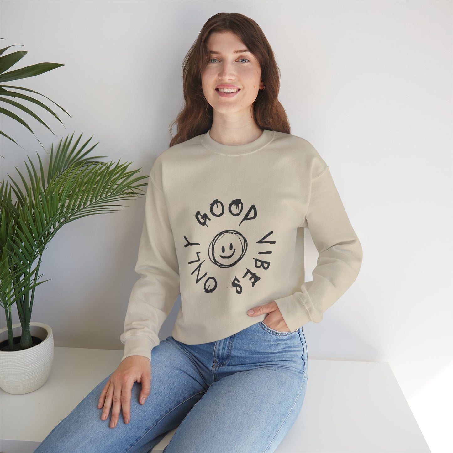 Crewneck Sweatshirt — 'Good Vibes Only' Smiley Graphic