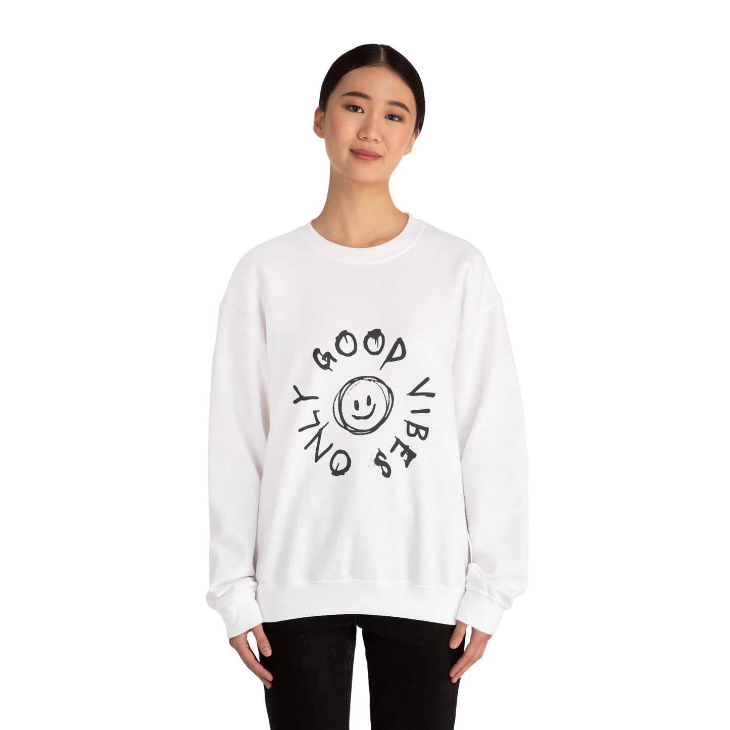 Crewneck Sweatshirt — 'Good Vibes Only' Smiley Graphic