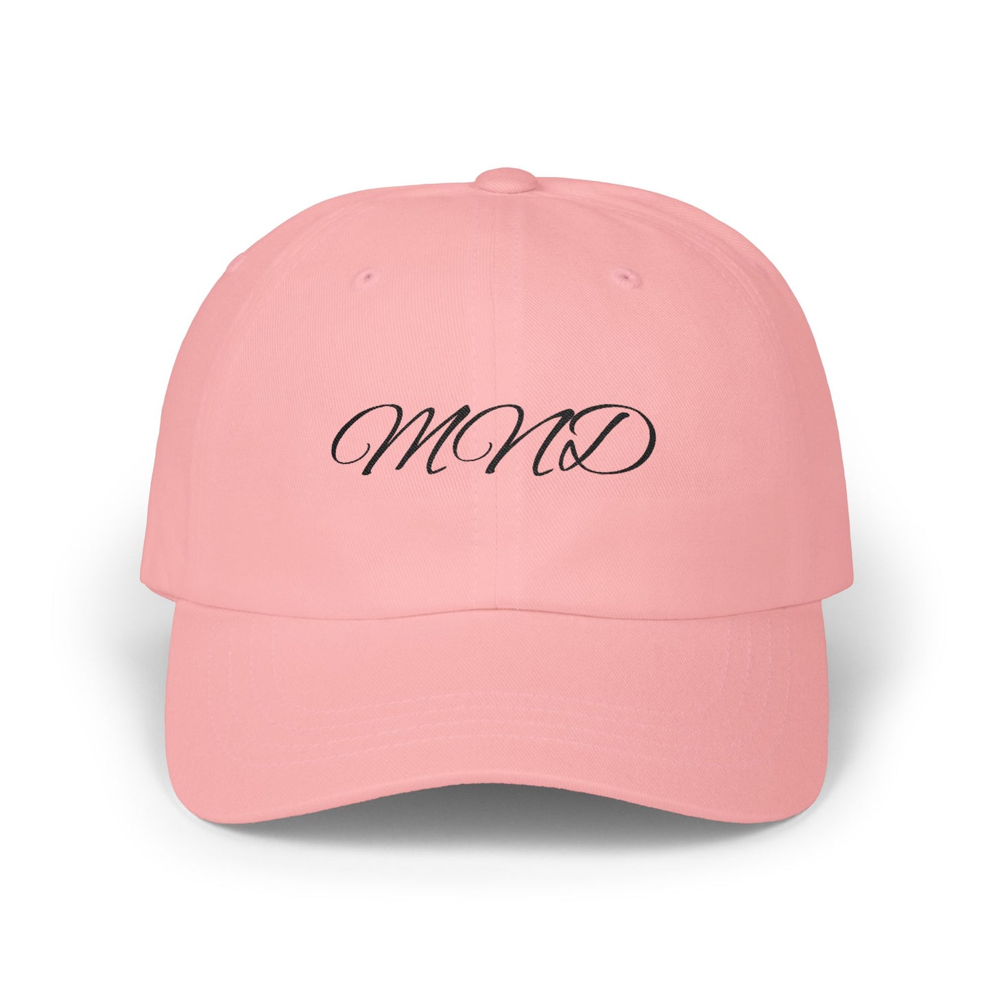 Embroidered 'MND' Classic Dad Cap — White Script Logo Baseball Hat