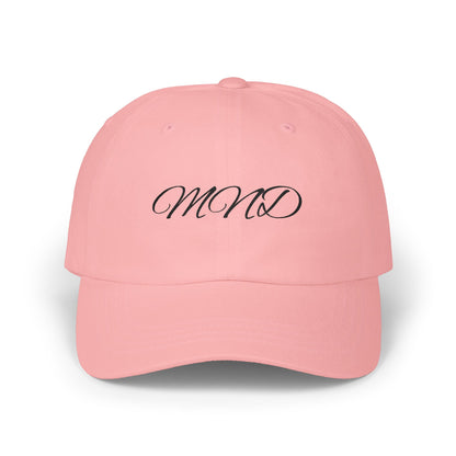 Embroidered 'MND' Classic Dad Cap — White Script Logo Baseball Hat