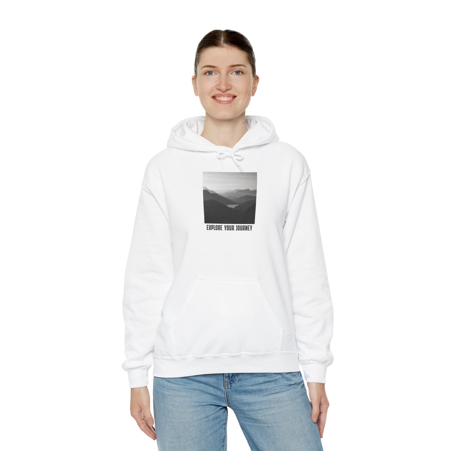 Explore Your Journey Hoodie — Minimal Mountain Photo Graphic Sweatshirt
