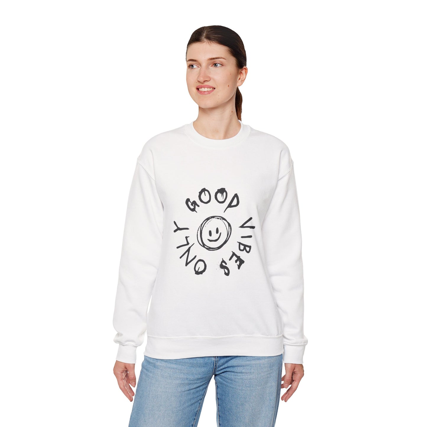 Crewneck Sweatshirt — 'Good Vibes Only' Smiley Graphic