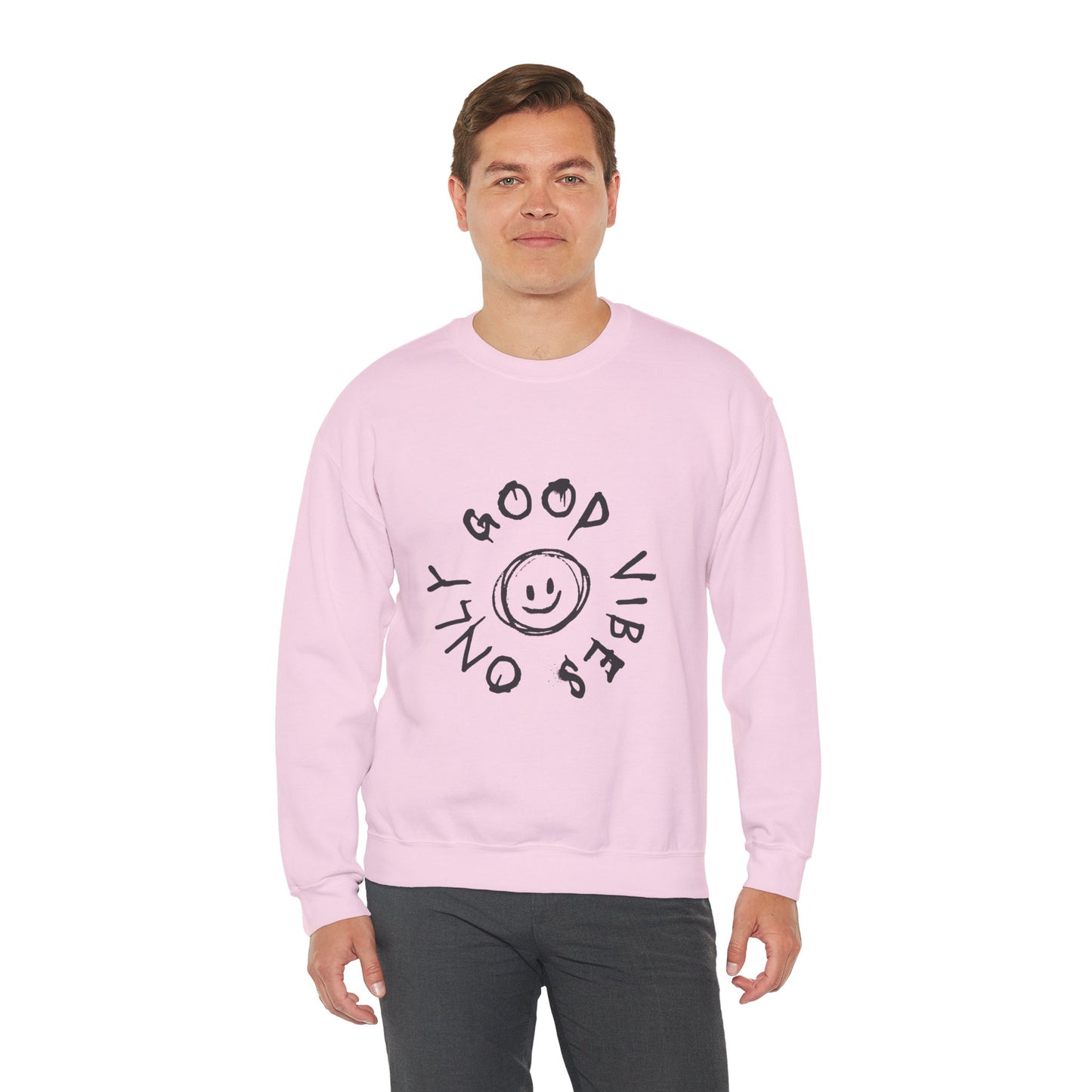 Crewneck Sweatshirt — 'Good Vibes Only' Smiley Graphic