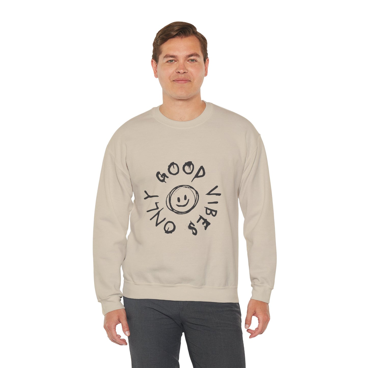 Crewneck Sweatshirt — 'Good Vibes Only' Smiley Graphic
