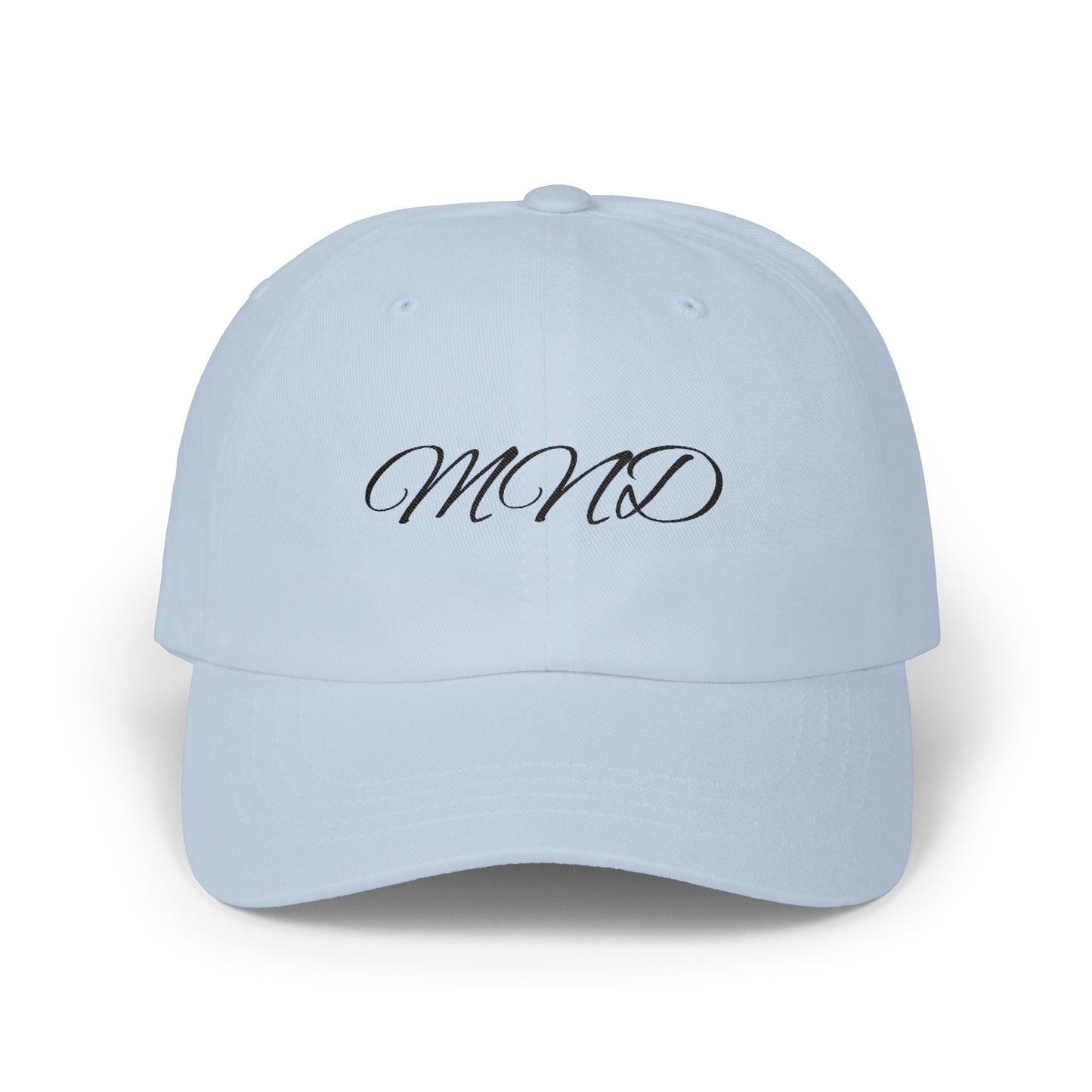 Embroidered 'MND' Classic Dad Cap — White Script Logo Baseball Hat