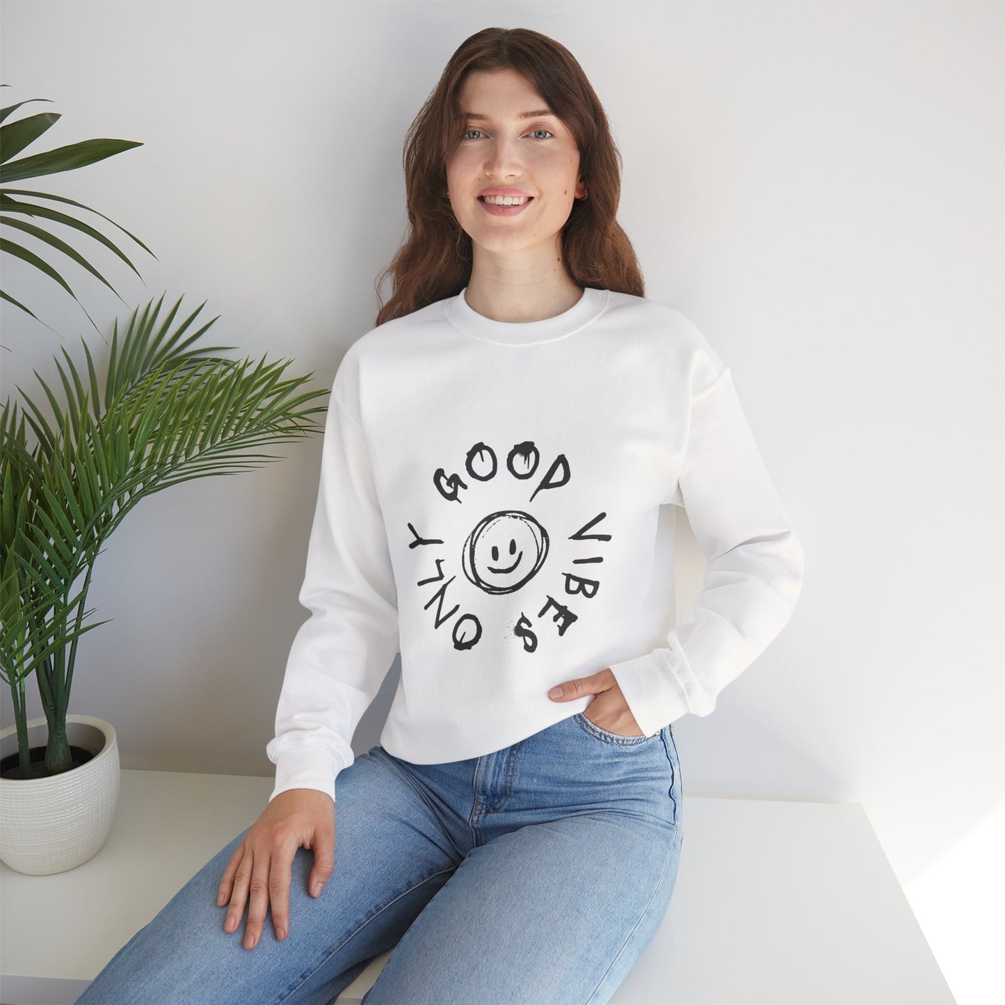 Crewneck Sweatshirt — 'Good Vibes Only' Smiley Graphic