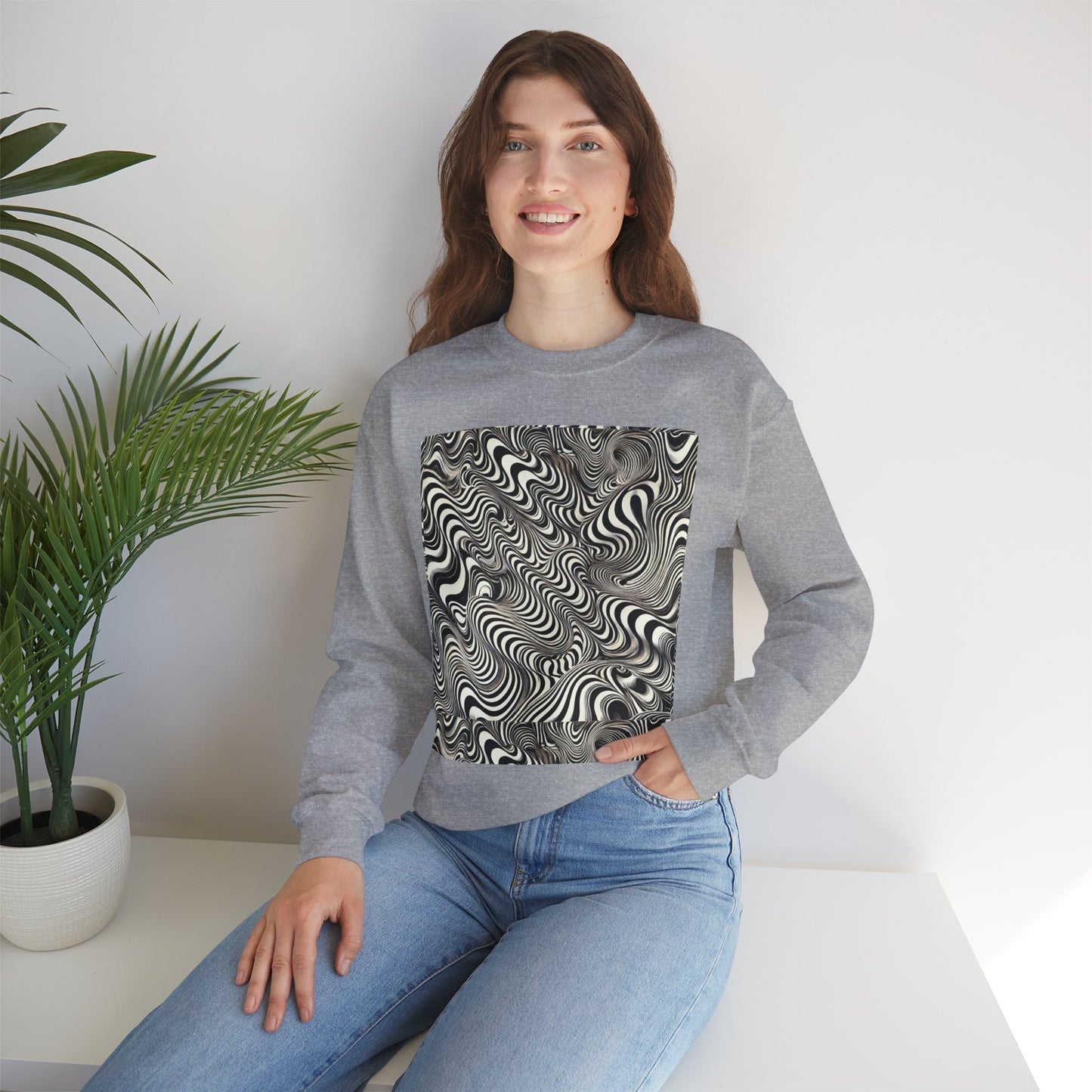 Crewneck Sweatshirt with Black & White Optical Wave Art