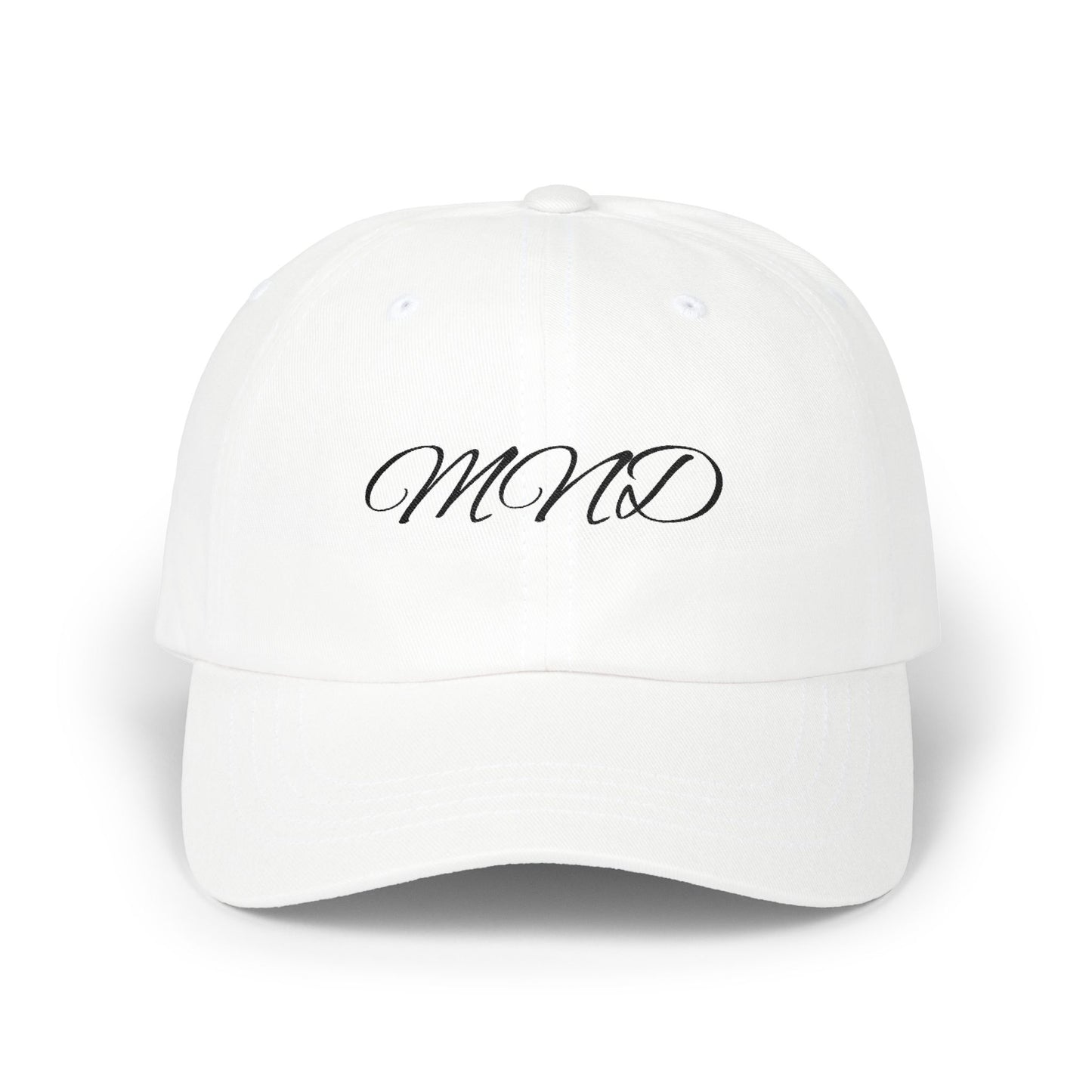 Embroidered 'MND' Classic Dad Cap — White Script Logo Baseball Hat