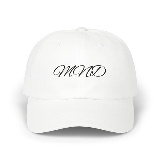 Embroidered 'MND' Classic Dad Cap — White Script Logo Baseball Hat