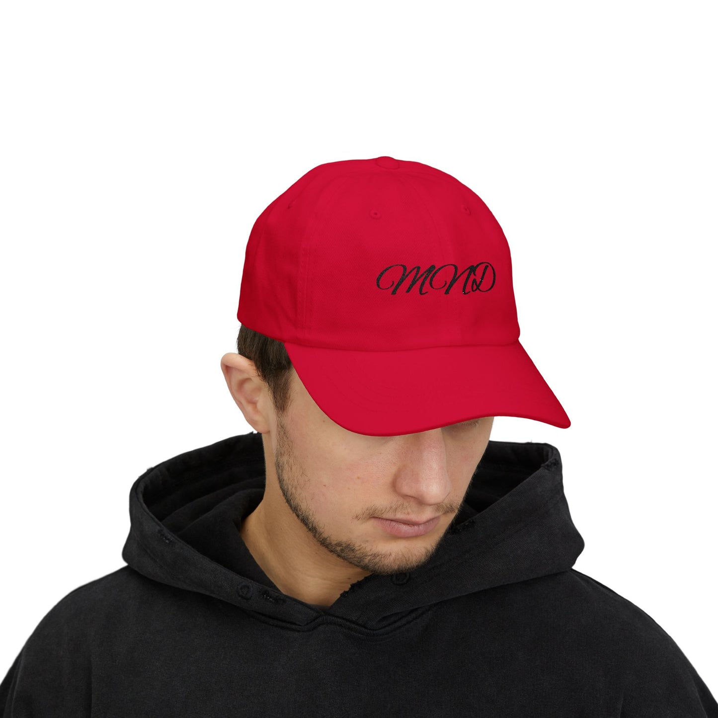Embroidered 'MND' Classic Dad Cap — White Script Logo Baseball Hat