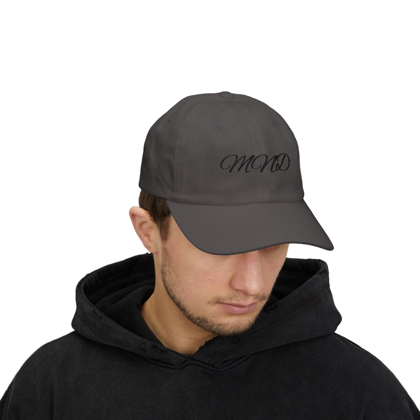 Embroidered 'MND' Classic Dad Cap — White Script Logo Baseball Hat