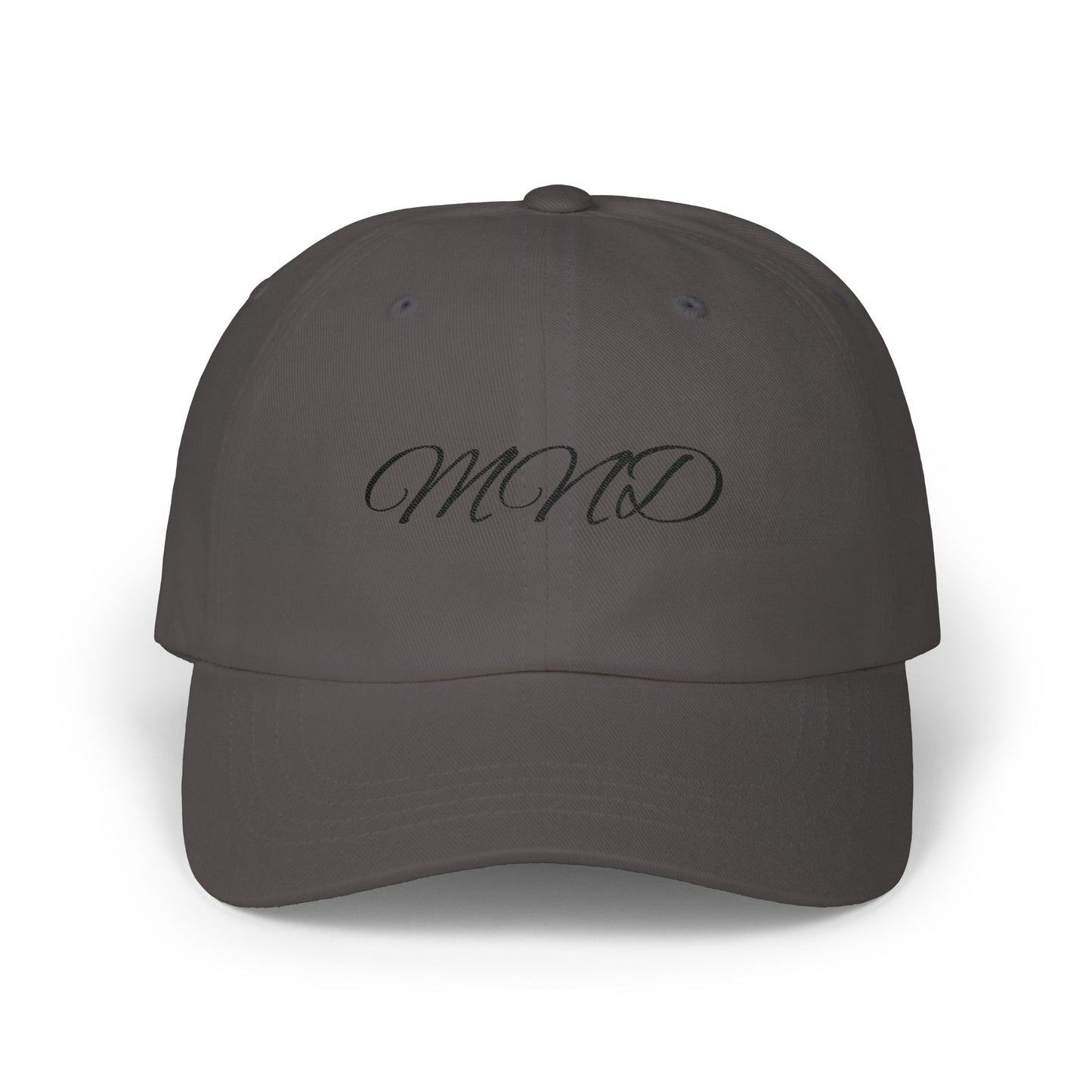 Embroidered 'MND' Classic Dad Cap — White Script Logo Baseball Hat