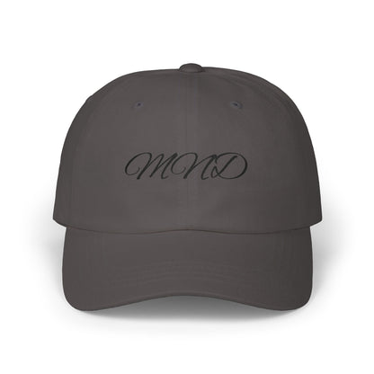 Embroidered 'MND' Classic Dad Cap — White Script Logo Baseball Hat