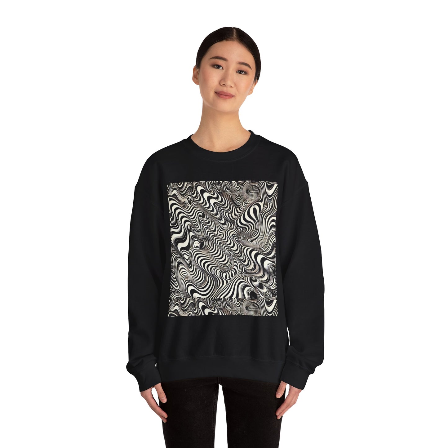 Crewneck Sweatshirt with Black & White Optical Wave Art