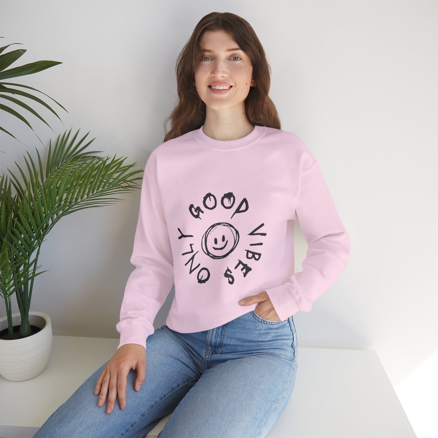 Crewneck Sweatshirt — 'Good Vibes Only' Smiley Graphic