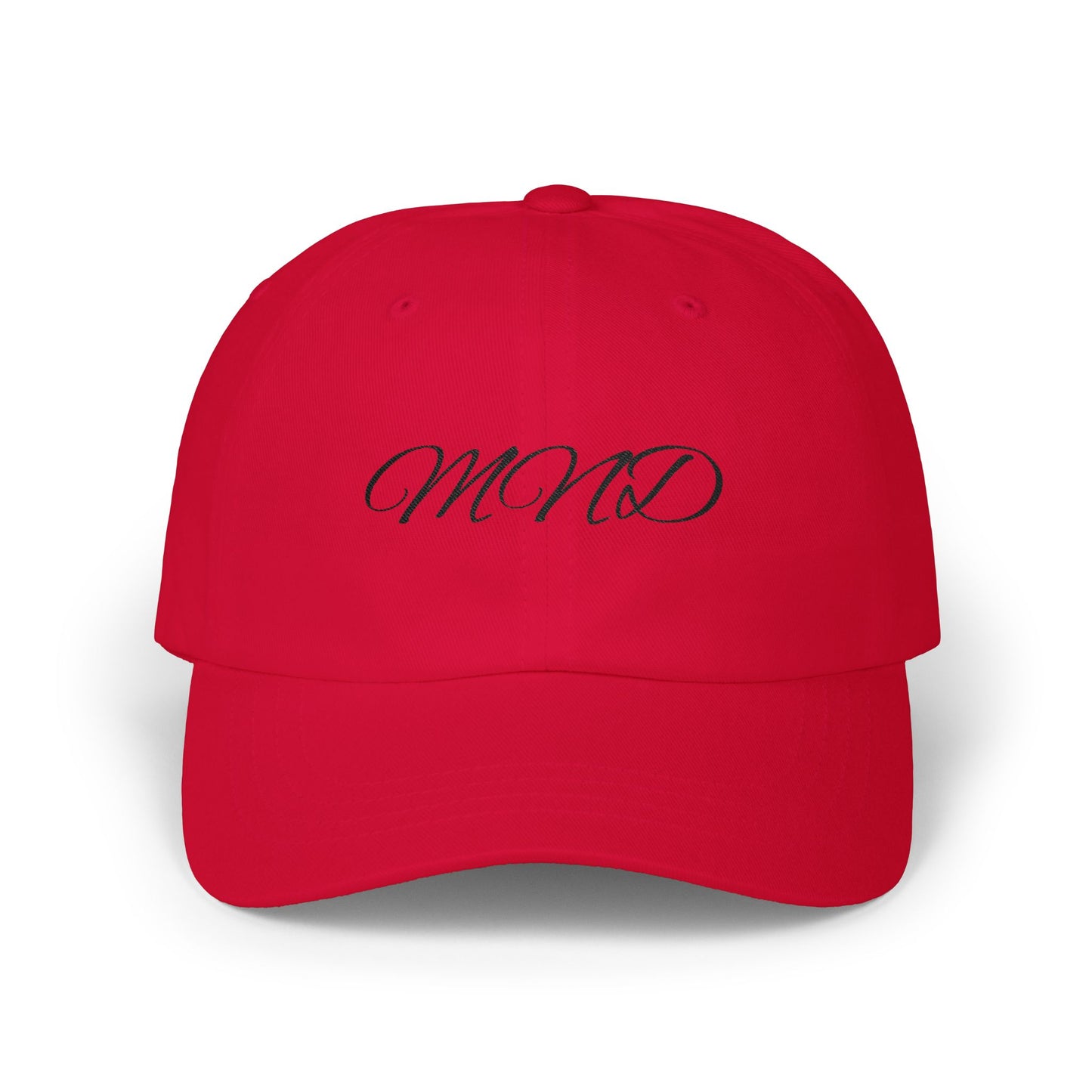 Embroidered 'MND' Classic Dad Cap — White Script Logo Baseball Hat