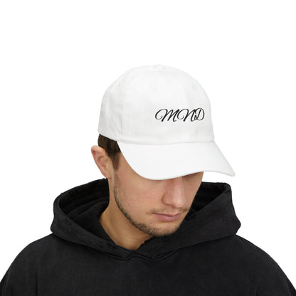Embroidered 'MND' Classic Dad Cap — White Script Logo Baseball Hat