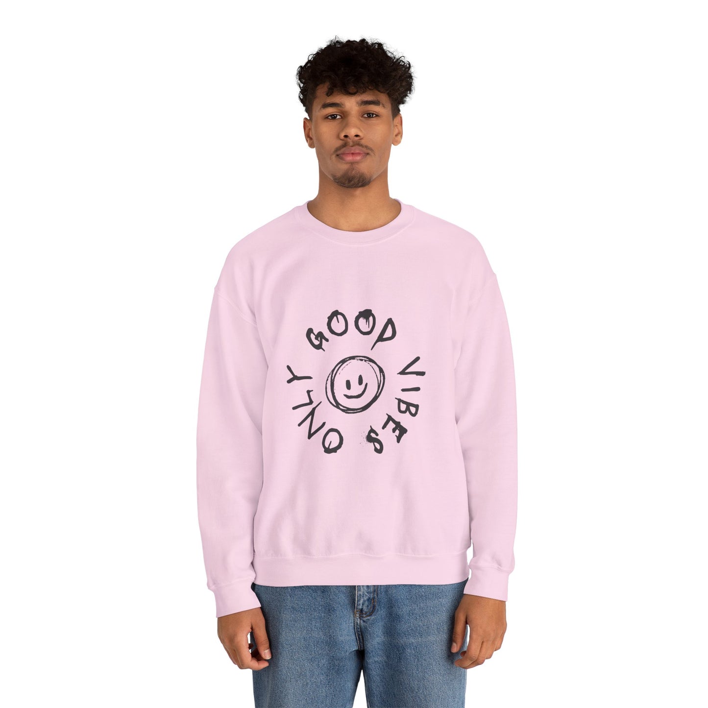 Crewneck Sweatshirt — 'Good Vibes Only' Smiley Graphic